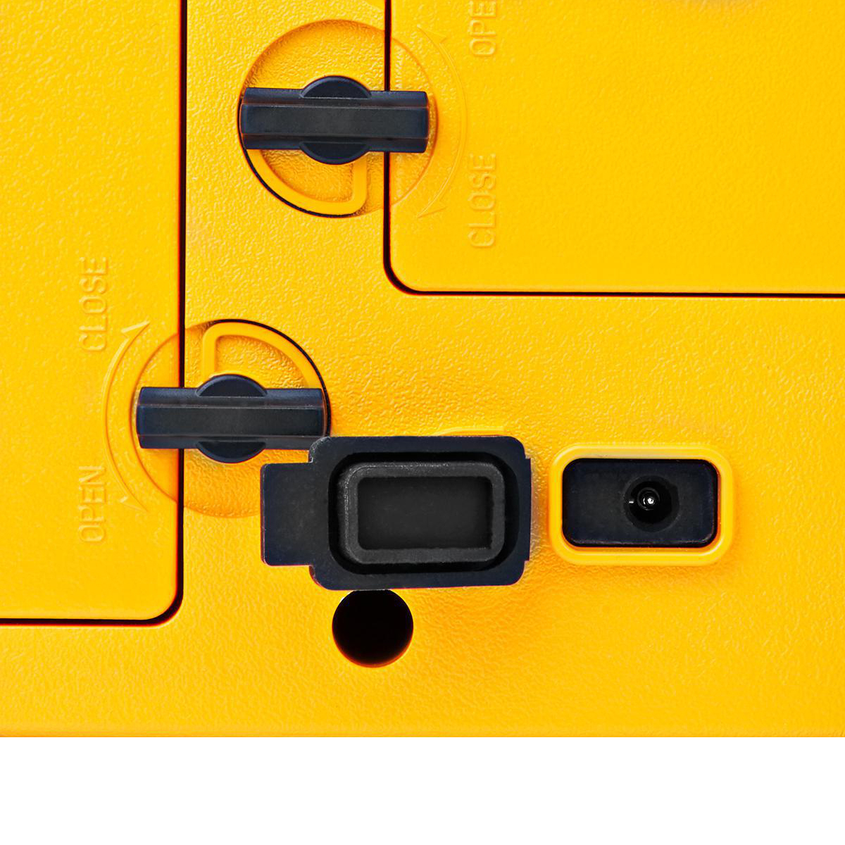 Yellow casing with black twist locks, a rectangular opening, and a round port.