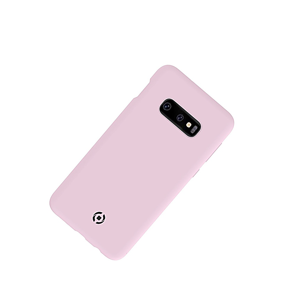 Una cover rosa per telefono con rialzo fotocamera e logo.