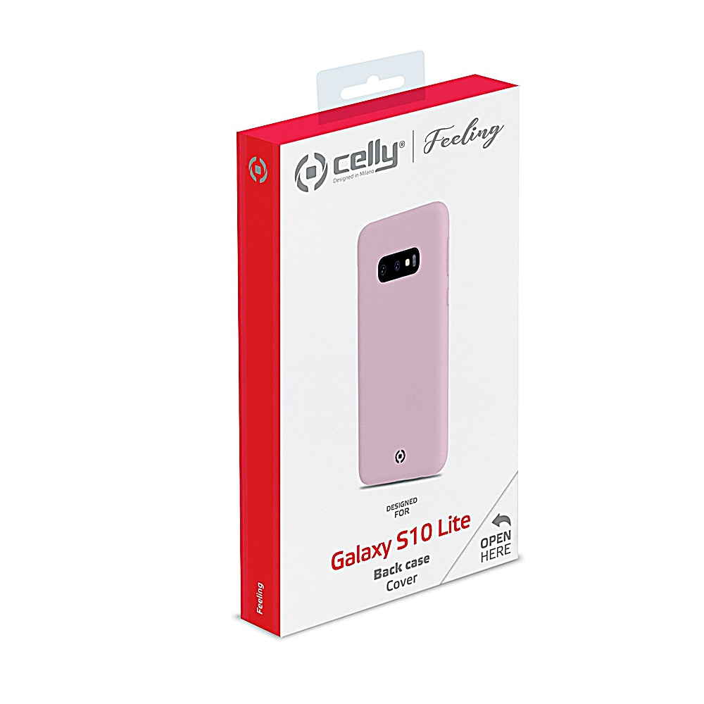 Confezione rosa cover Galaxy S10 Lite con logo Celly e testo 'Apri qui'.