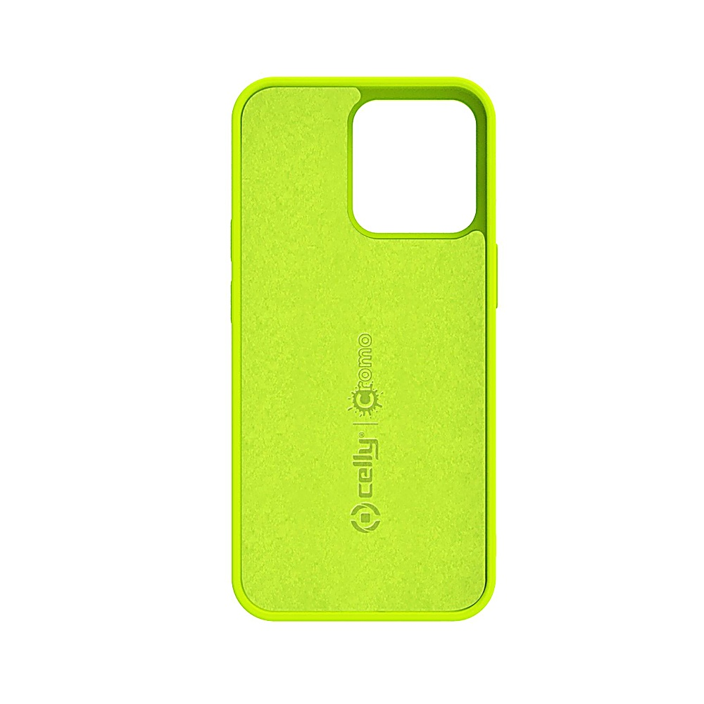 Una custodia per telefono verde neon brillante con ritaglio fotocamera e logo Celly.