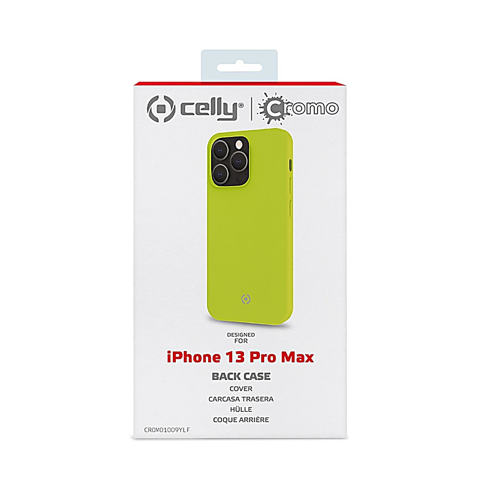 Confezione per una cover posteriore Celly gialla fluo per iPhone 13 Pro Max.
