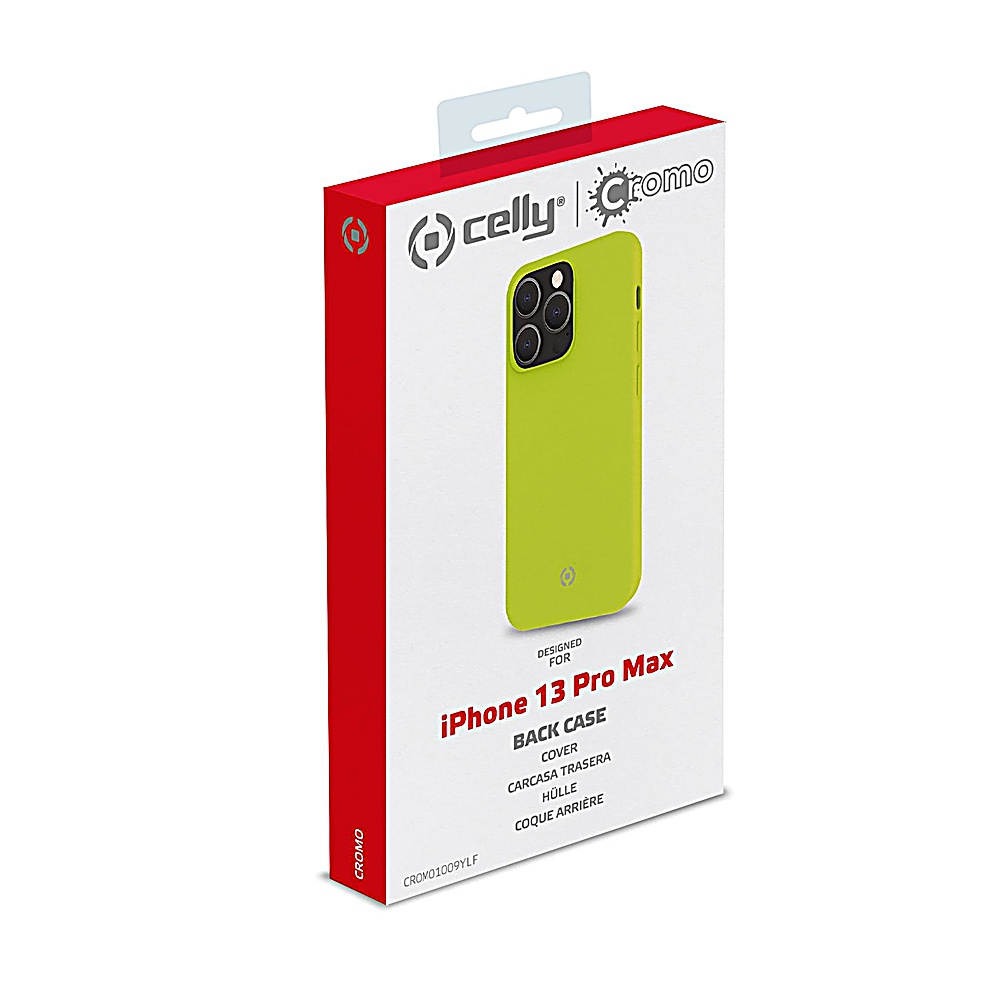 Confezione per una cover posteriore Celly verde neon per iPhone 13 Pro Max.