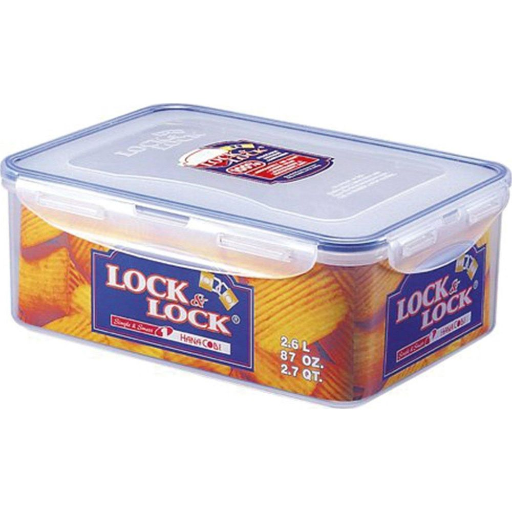 Un contenitore Lock & Lock trasparente riempito di patatine, capacità 2,6L.