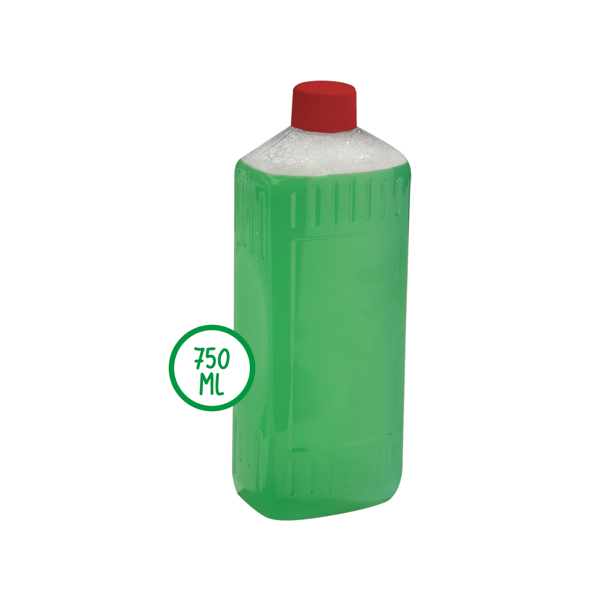 Liquido verde in bottiglia trasparente con tappo rosso e schiuma.