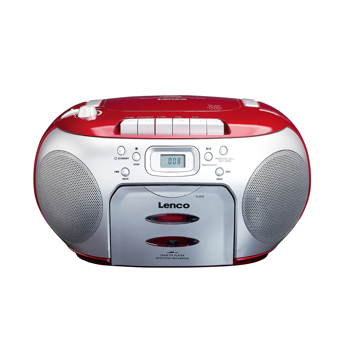 Boombox Lenco rouge et argent avec lecteur cassette et lecteur CD.