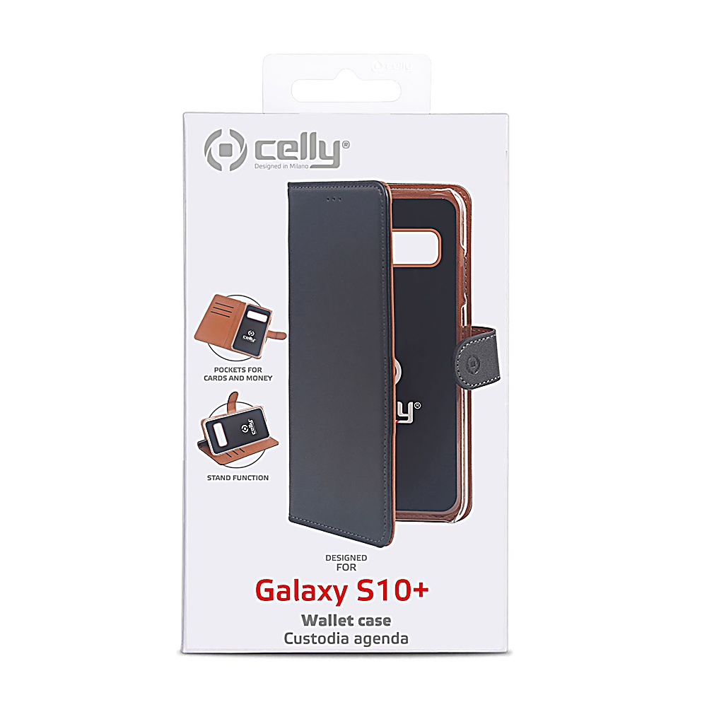 Custodia a portafoglio Celly per Galaxy S10+, interno marrone, esterno grigio scuro, tasche.