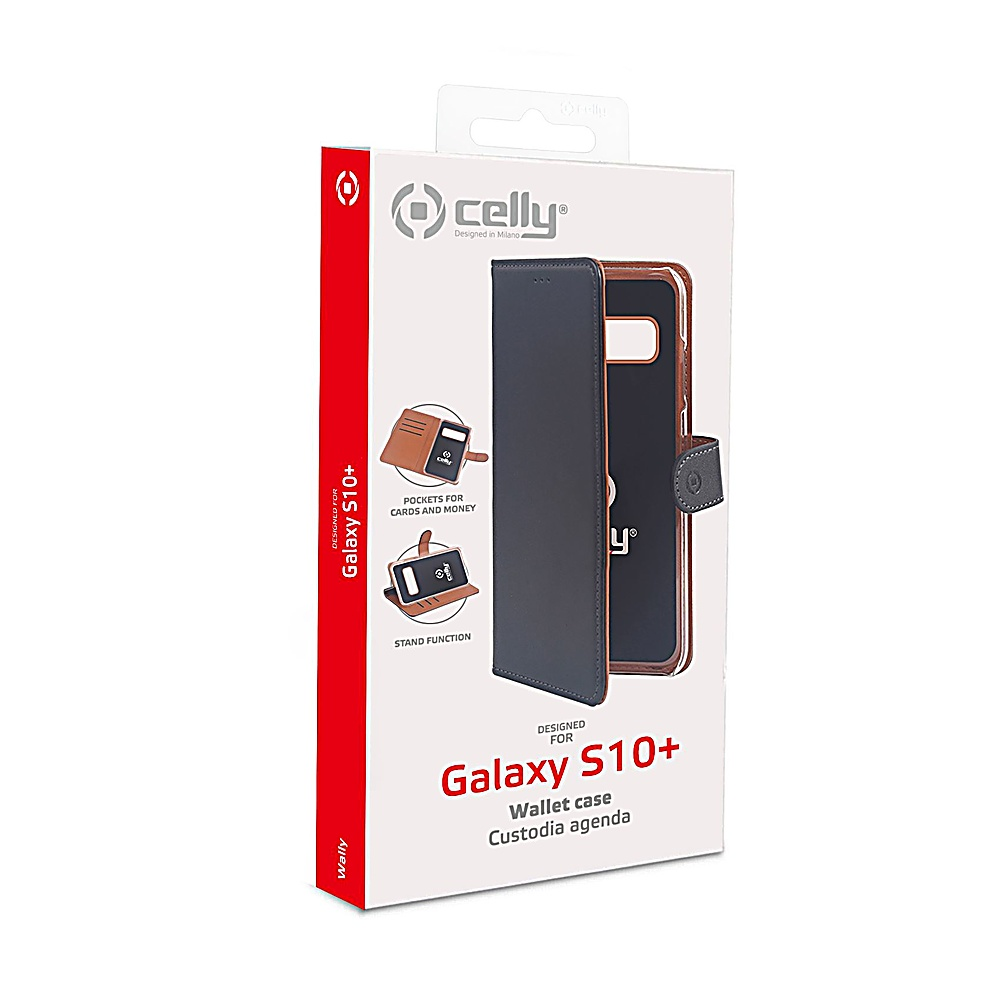 Confezione di una custodia a portafoglio blu scuro per Samsung Galaxy S10+, con tasche.
