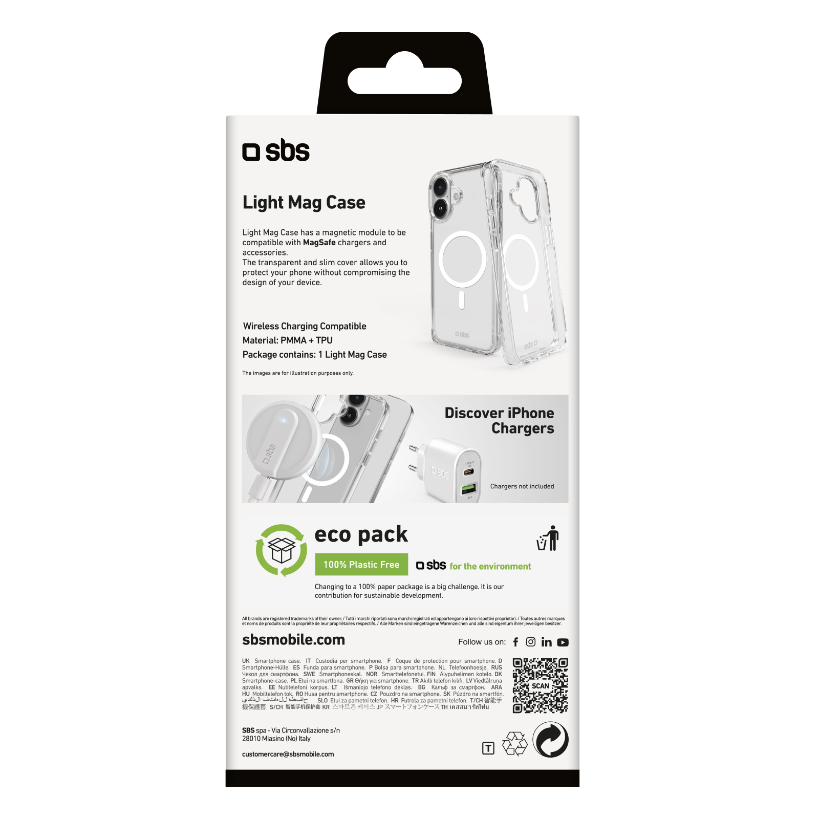 Verpackung für eine transparente iPhone-Hülle mit MagSafe-Kompatibilität.