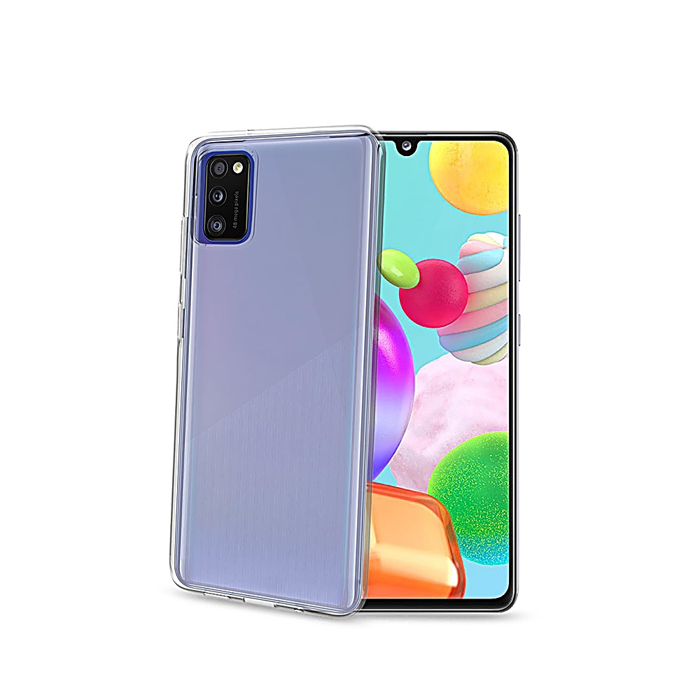 Eine durchsichtige Handyhülle bedeckt ein lila Smartphone mit Kamera-Array. Der Handybildschirm zeigt bunte abstrakte Formen.