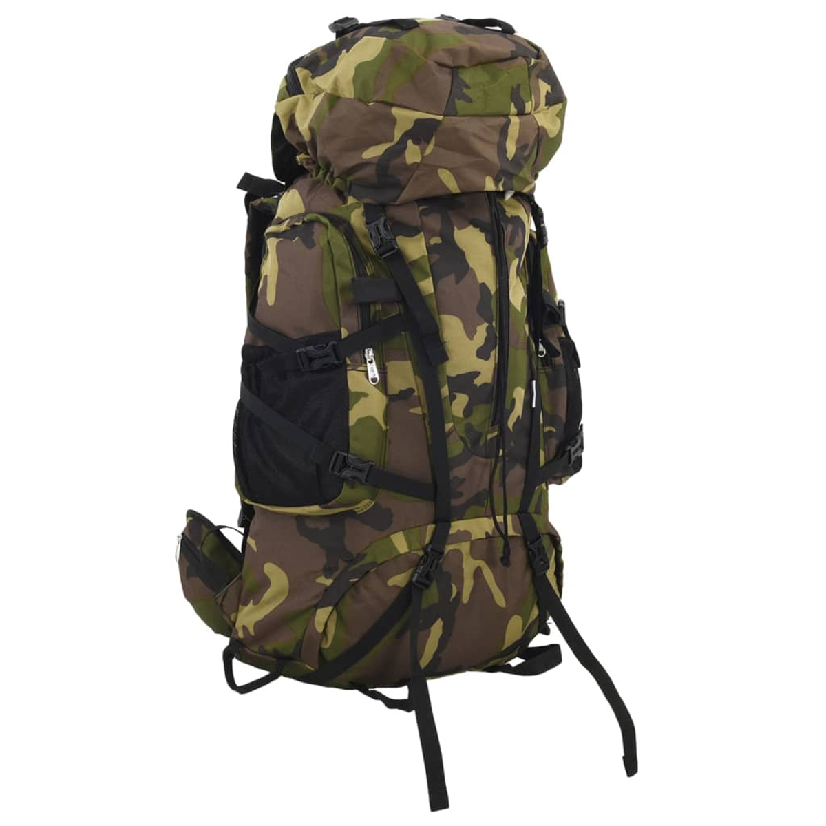 Ein Tarnrucksack mit vielen Schnallen und Taschen, auf weißem Hintergrund.