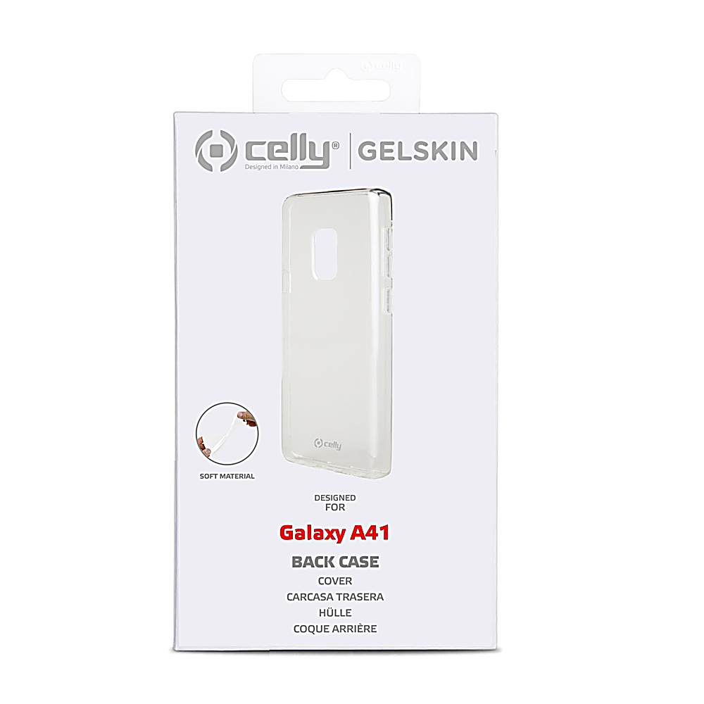 Verpackung einer durchsichtigen Handyhülle für Galaxy A41 mit Soft-Material-Logo.