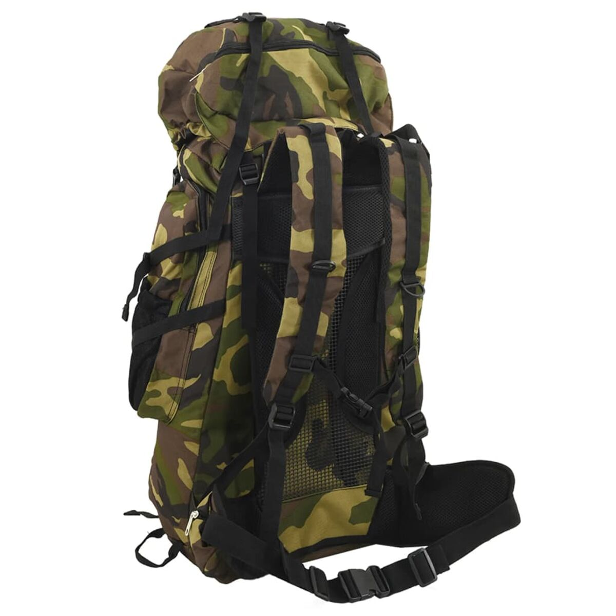 Ein Tarnrucksack mit schwarzen Trägern und Netzdetails, von hinten gezeigt.