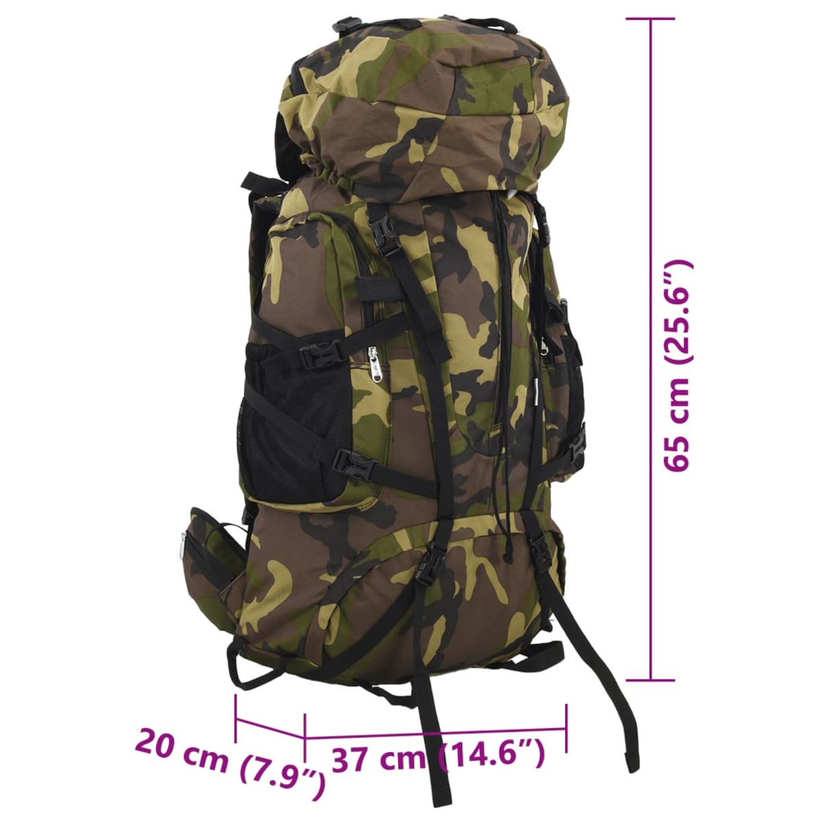 Tarnrucksack, 65cm hoch, 37cm breit, 20cm tief. Mit mehreren Taschen.