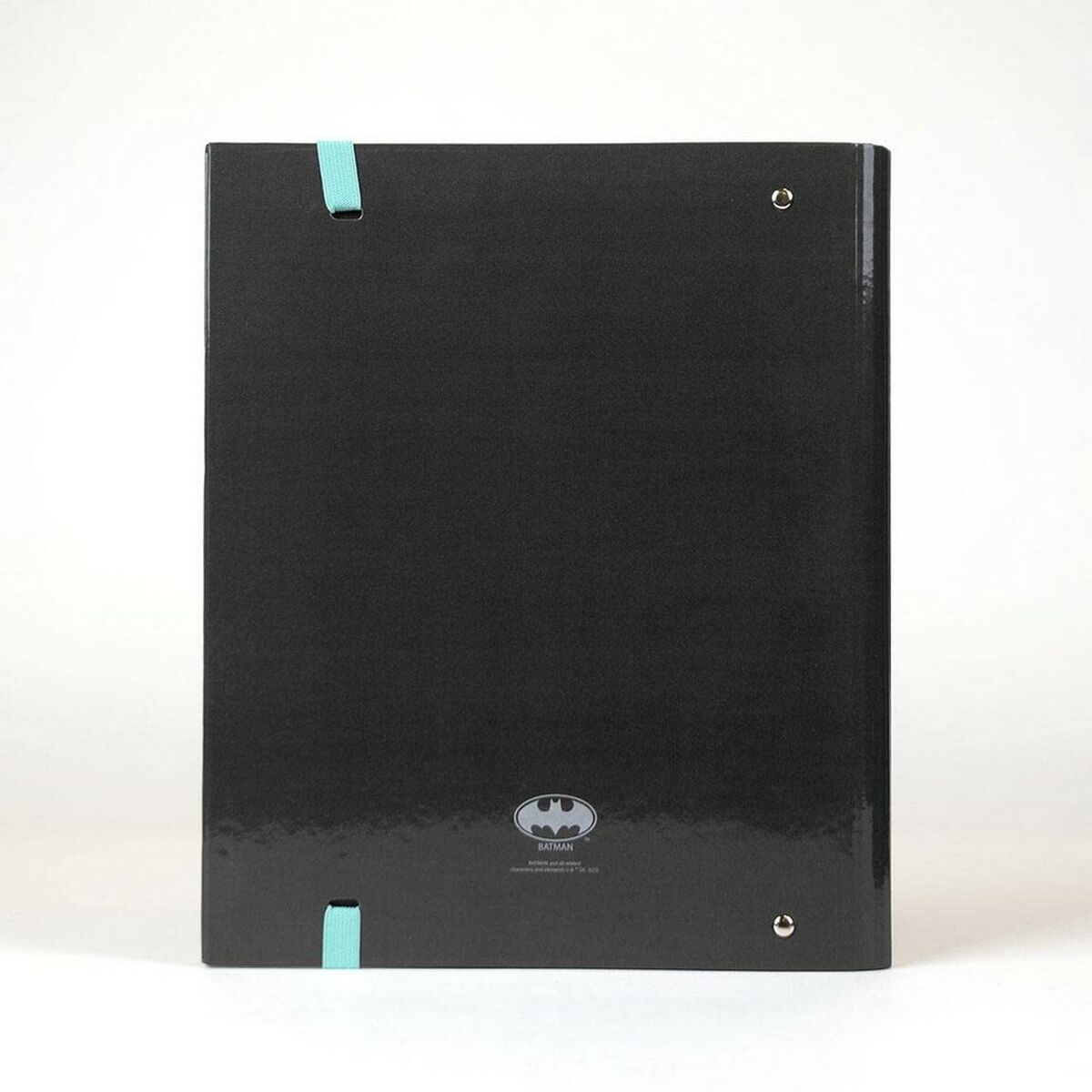 Schwarzer Ordner mit Batman-Logo und türkisfarbenen Schlaufen.