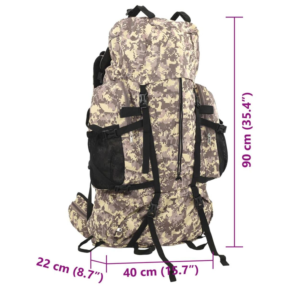 Ein großer Rucksack mit Tarnmuster, schwarzen Trägern und Netztaschen. Maße: 90x40x22cm.