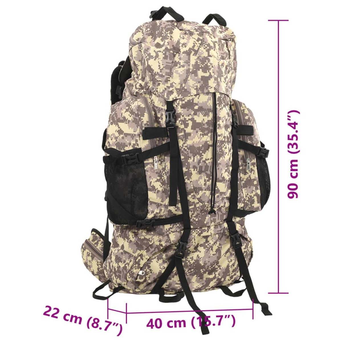 Ein großer Rucksack in Tarnfarben mit den Maßen 90x40x22 cm.