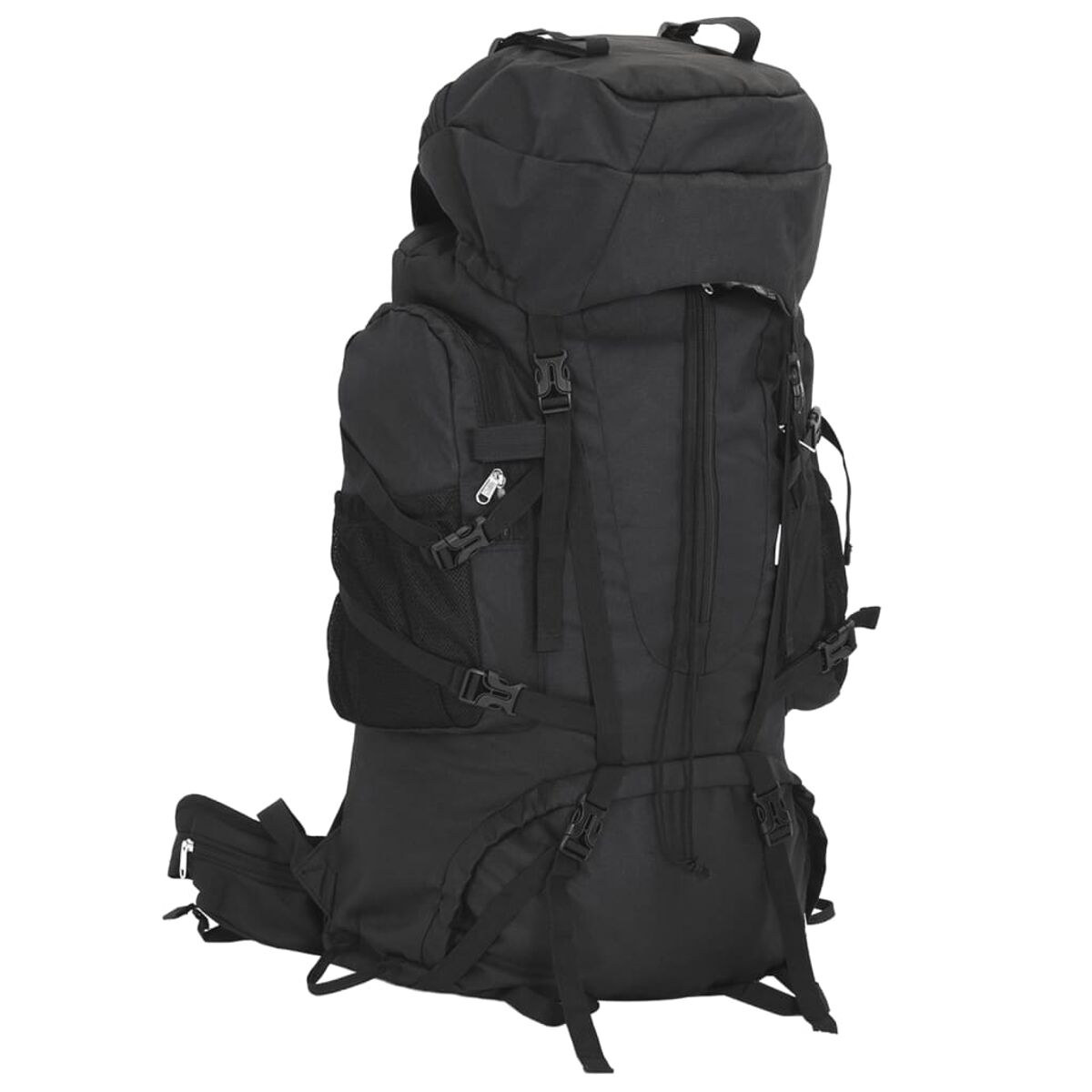 Ein großer schwarzer Rucksack mit vielen Schnallen und Taschen.