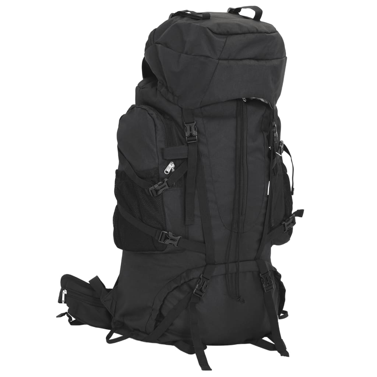 Ein großer schwarzer Rucksack mit vielen Taschen und Schnallen, auf weißem Hintergrund.