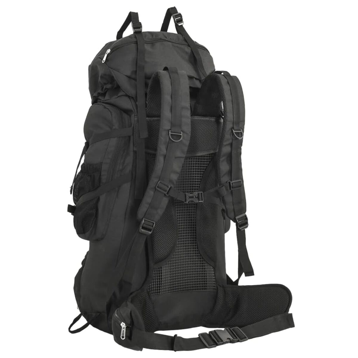 Schwarzer Rucksack mit gepolsterten Schultergurten und Netzrücken.