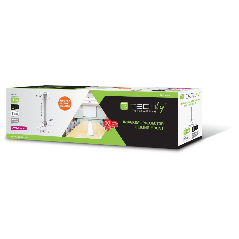 Verpackung für Projektor-Deckenhalterung mit technischen Daten und Bildern.