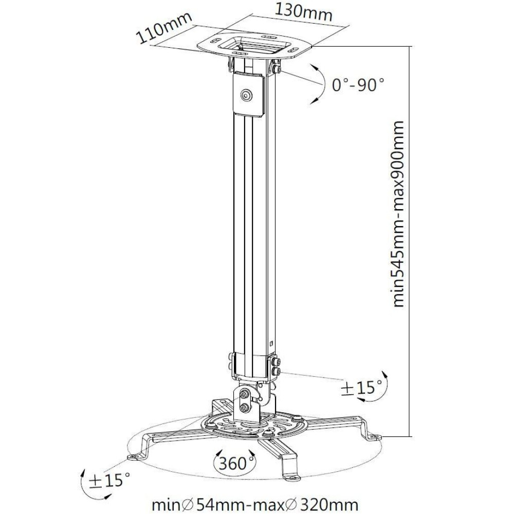 Deckenhalterung mit verstellbarer Höhe (545-900mm), Neigung (±15°) und Drehung (360°).