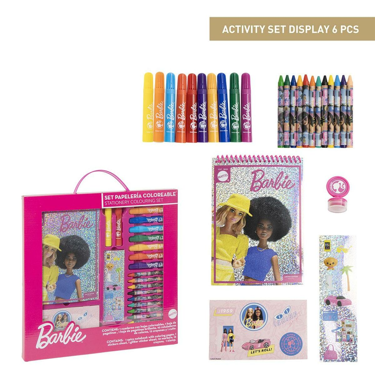 Barbie Malset mit Stiften, Wachsmalern, Notizbuch, Aufklebern und Stempel.