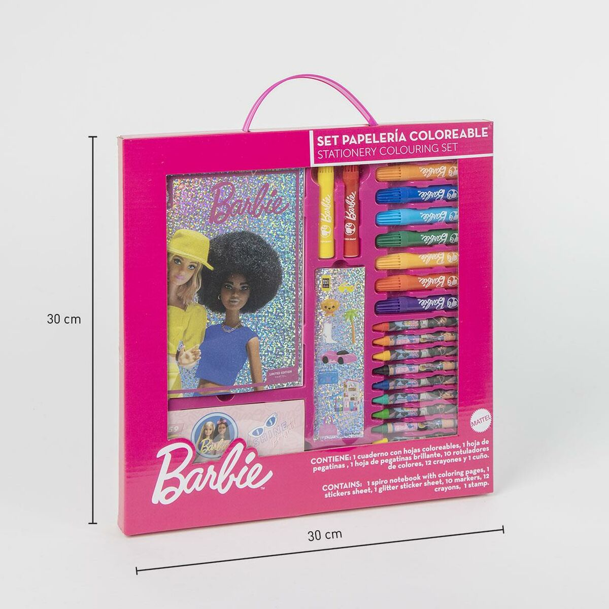 Barbie Malschreibset mit zwei Barbies, Stiften, Wachsmalern und Aufklebern.