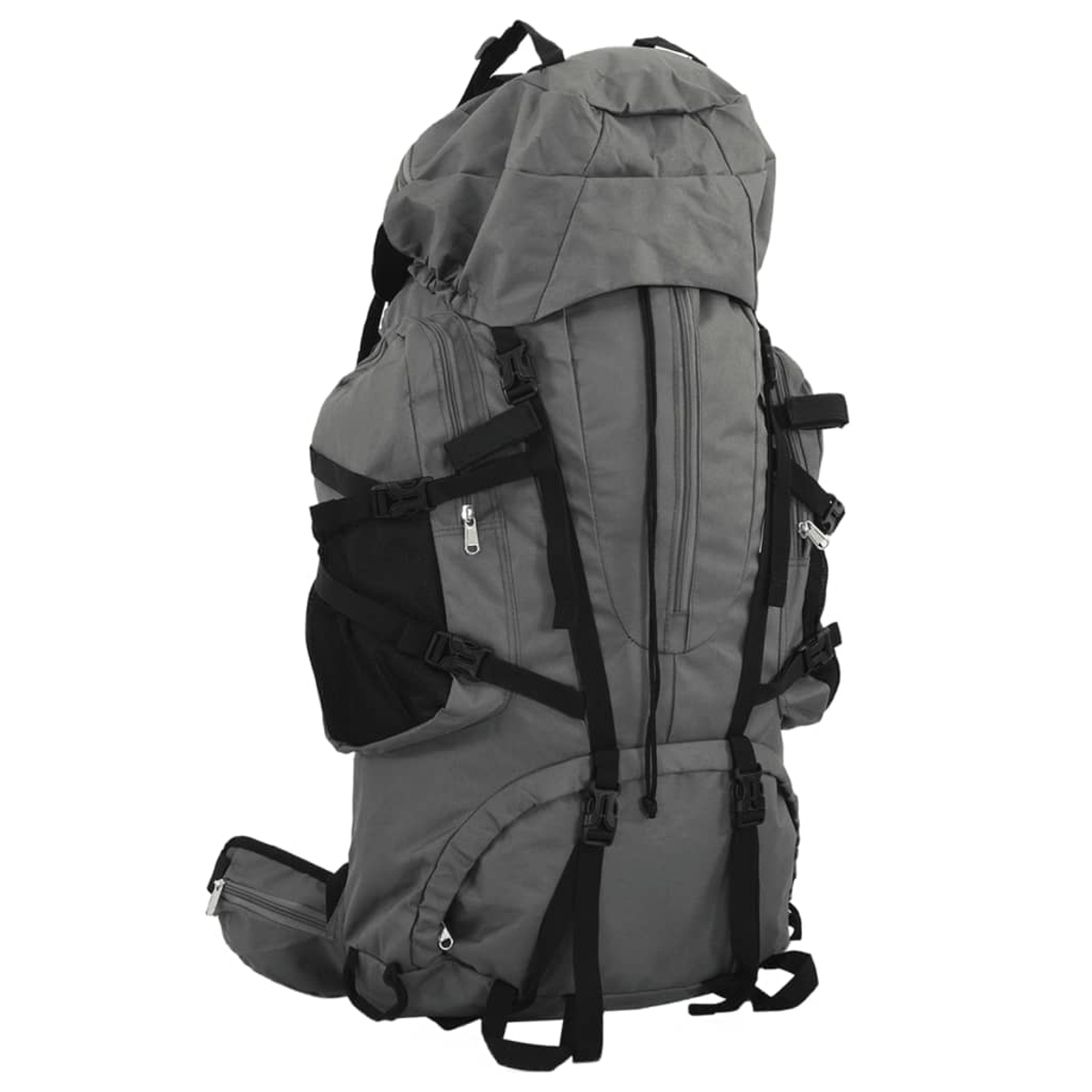 Ein großer grauer Rucksack mit schwarzen Gurten und Schnallen.