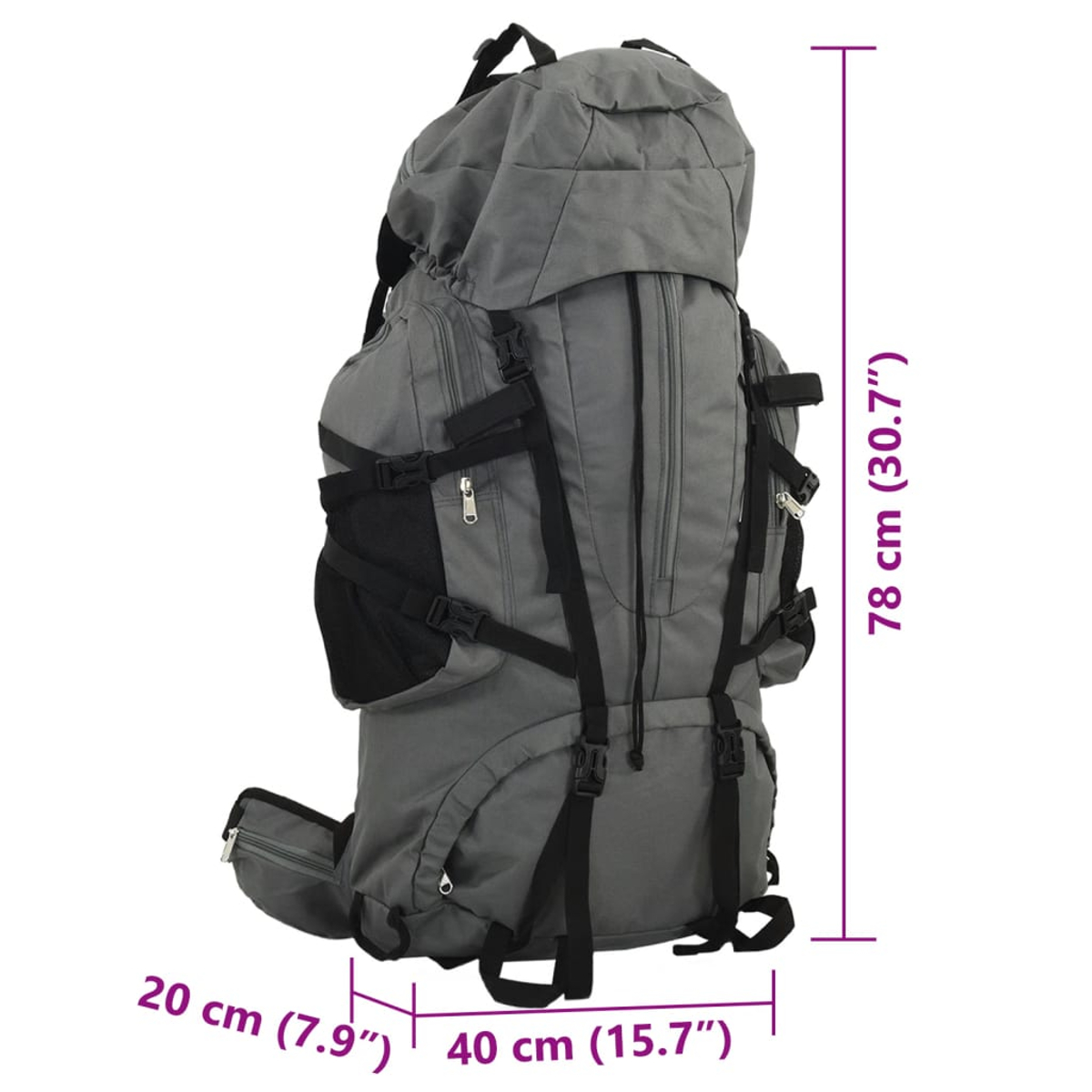 Grauer Rucksack mit schwarzen Gurten und Reißverschlüssen, 78cm hoch.