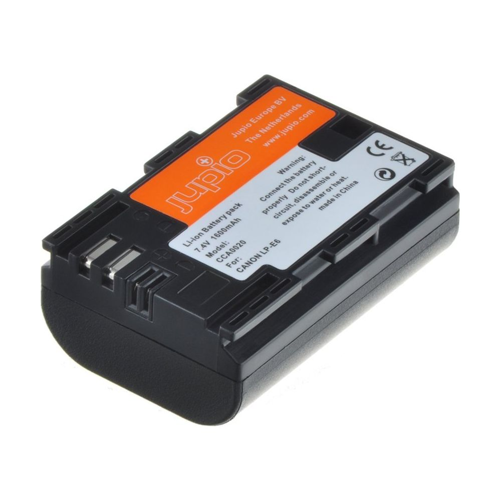 Schwarzer Jupio Li-ion Akku, Modell CCA0020 für Canon LP-E6 Kameras.