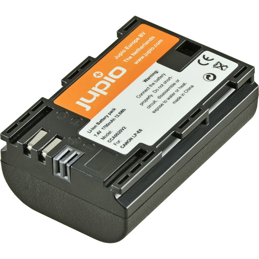 Ein schwarzer Jupio LP-E6 Li-ion Akku für Canon Kameras.