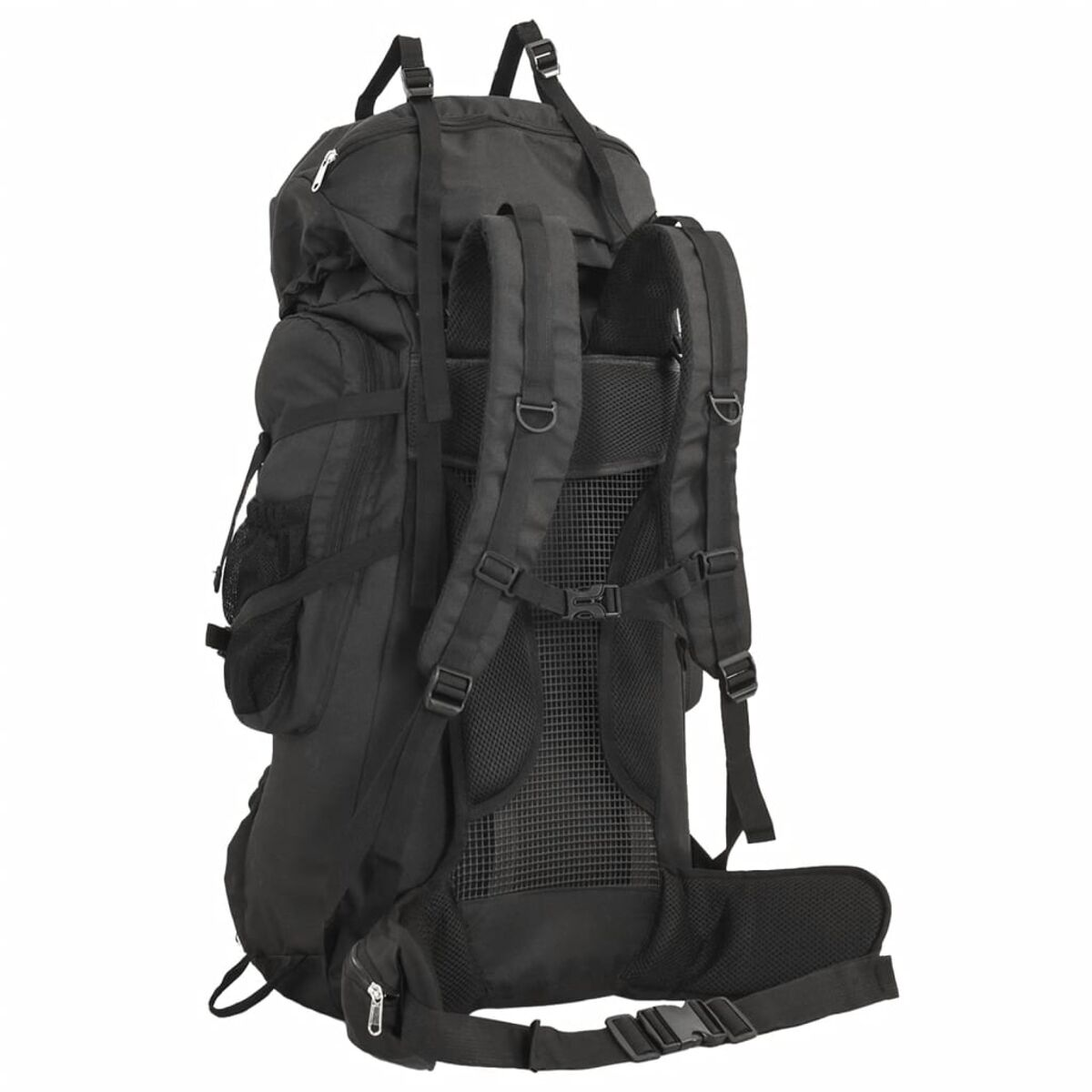 Ein schwarzer Rucksack mit vielen Gurten und Schnallen, auf weißem Hintergrund.