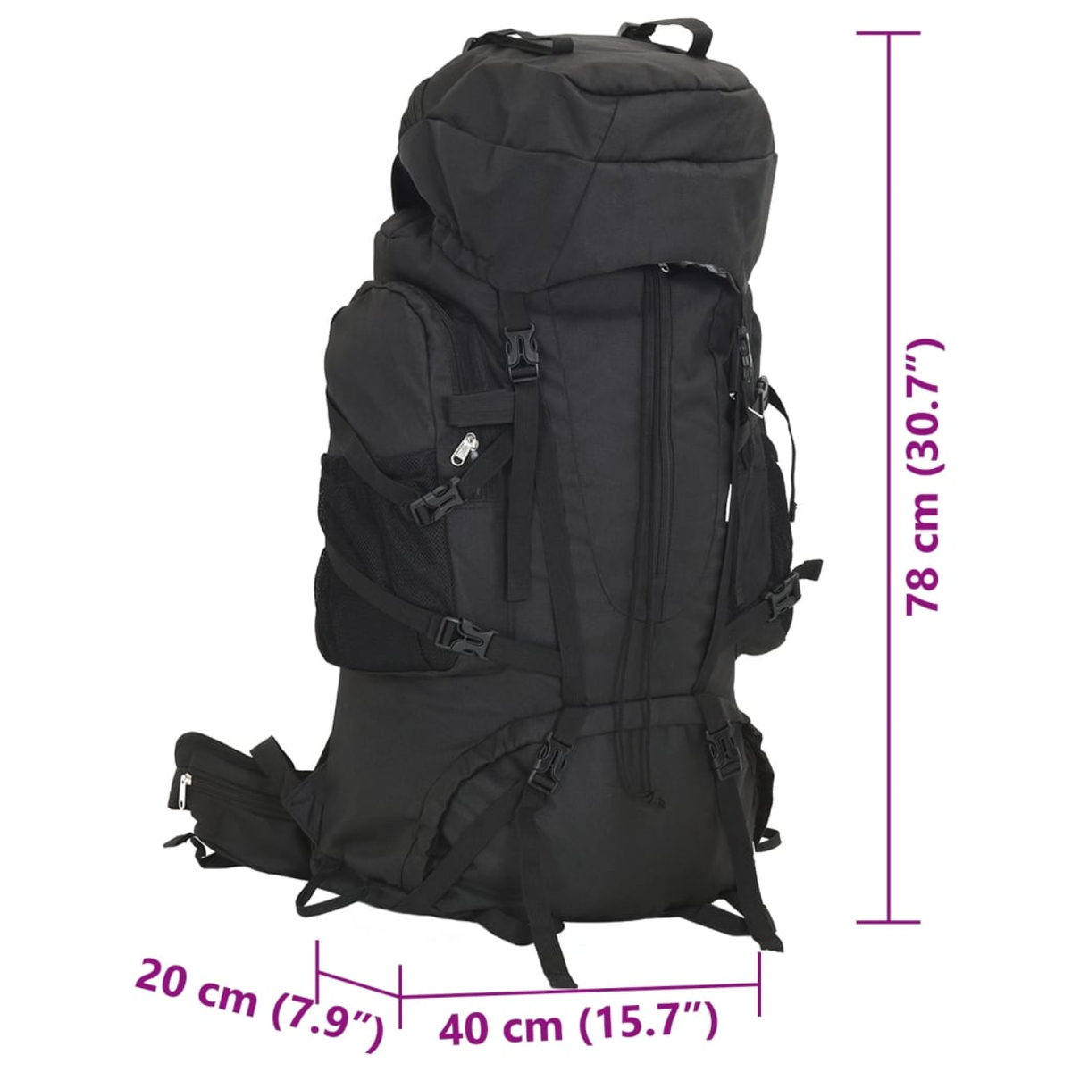 Ein großer, schwarzer Rucksack mit vielen Fächern und Gurten, Abmessungen sind angegeben.