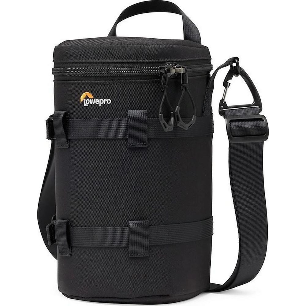 Schwarze Lowepro-Tasche mit Reißverschluss, Henkel, Schultergurt und Schnallen.