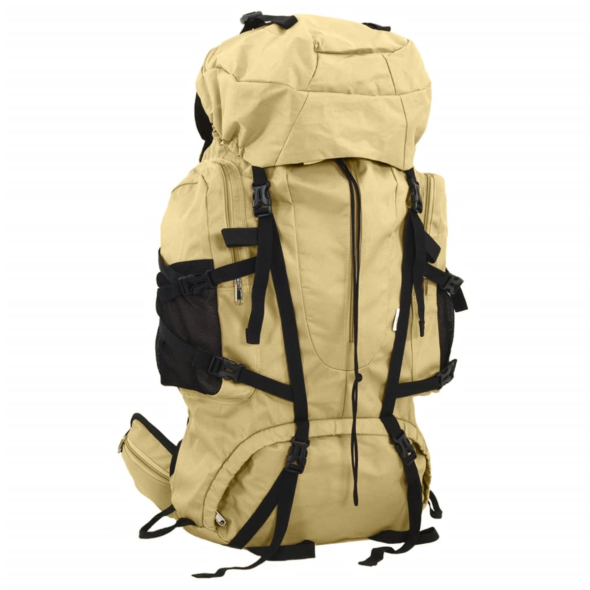 Ein großer, hellbrauner Rucksack mit schwarzen Riemen und Schnallen, auf weißem Hintergrund.