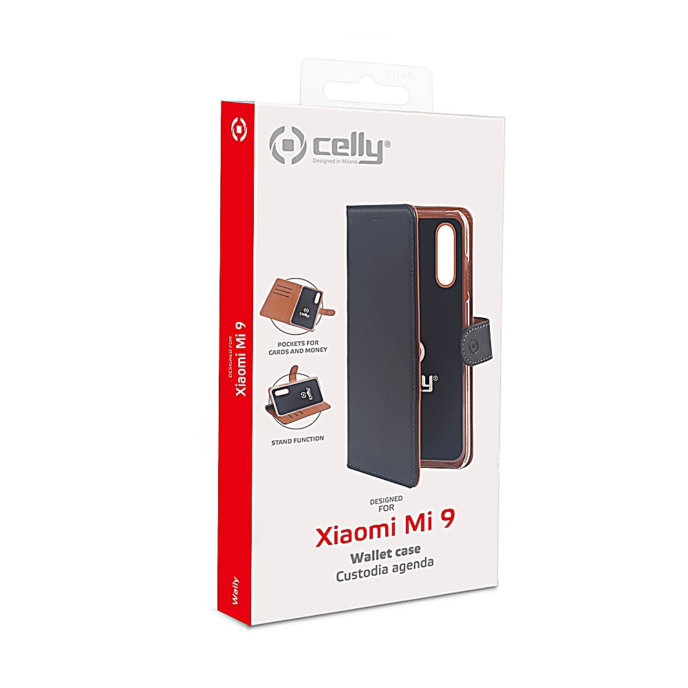 Confezione di custodia a portafoglio per Xiaomi Mi 9 Celly con immagini prodotto.