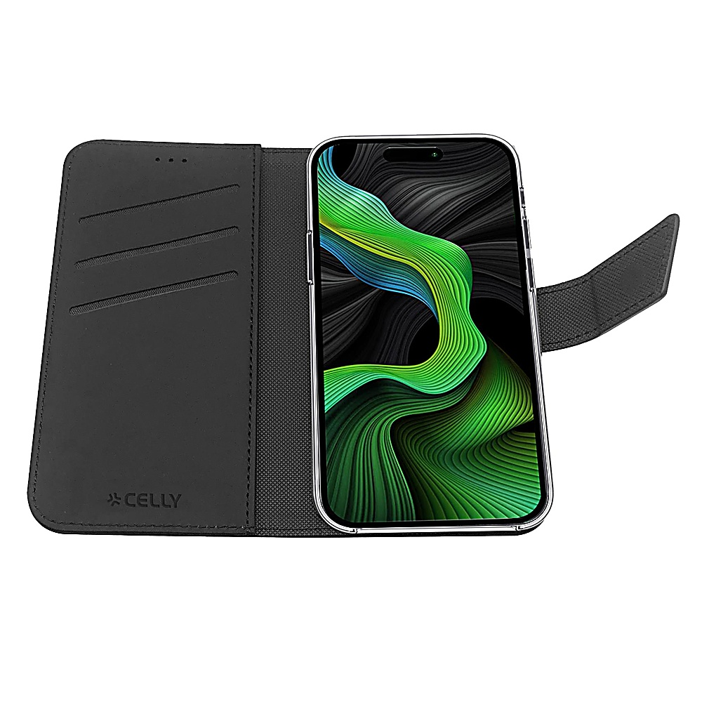 Custodia telefono nera aperta, mostra smartphone con sfondo astratto verde. Sfondo bianco.