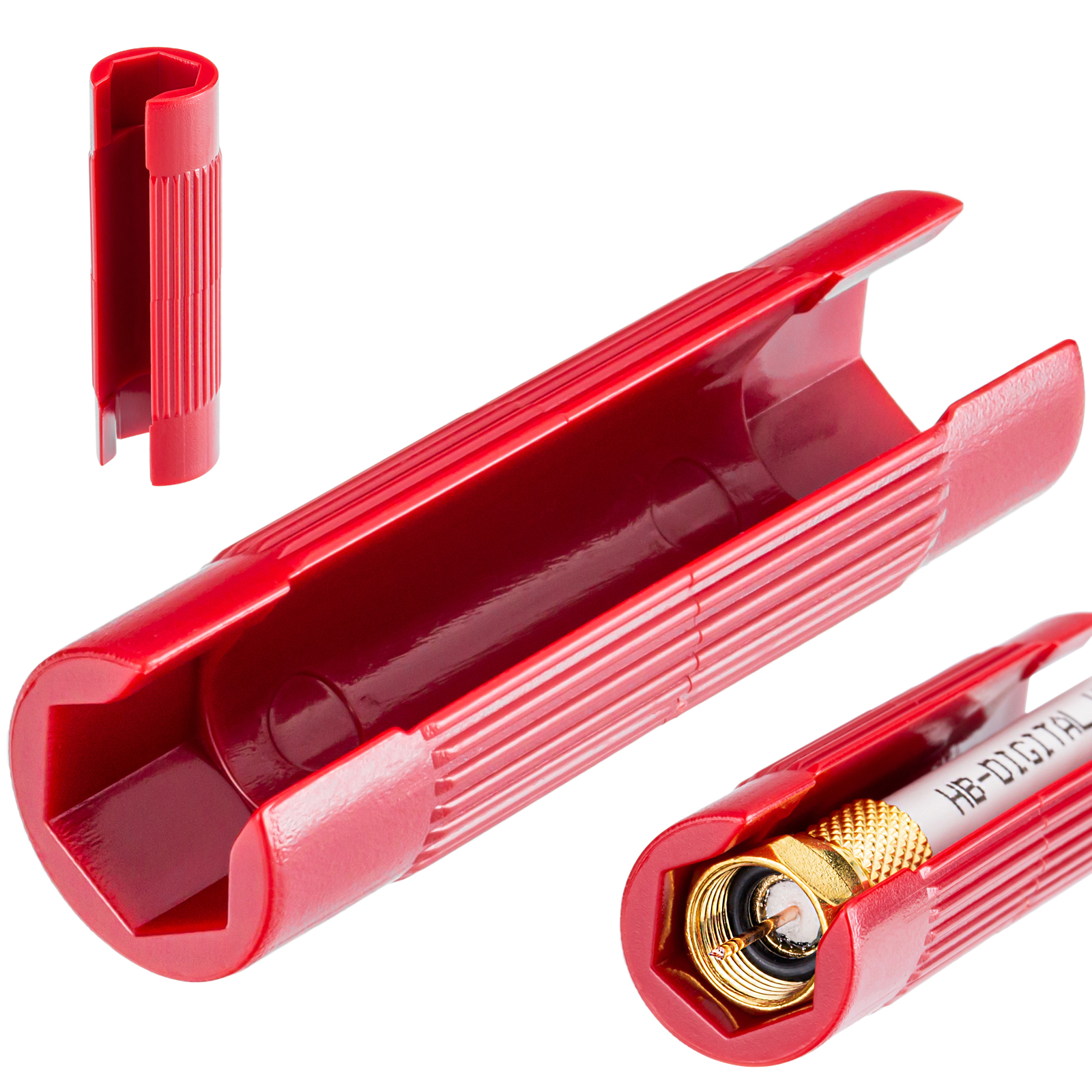 Rotes Werkzeug zum Abisolieren von Kabeln, mit einem Stecker im Detail.