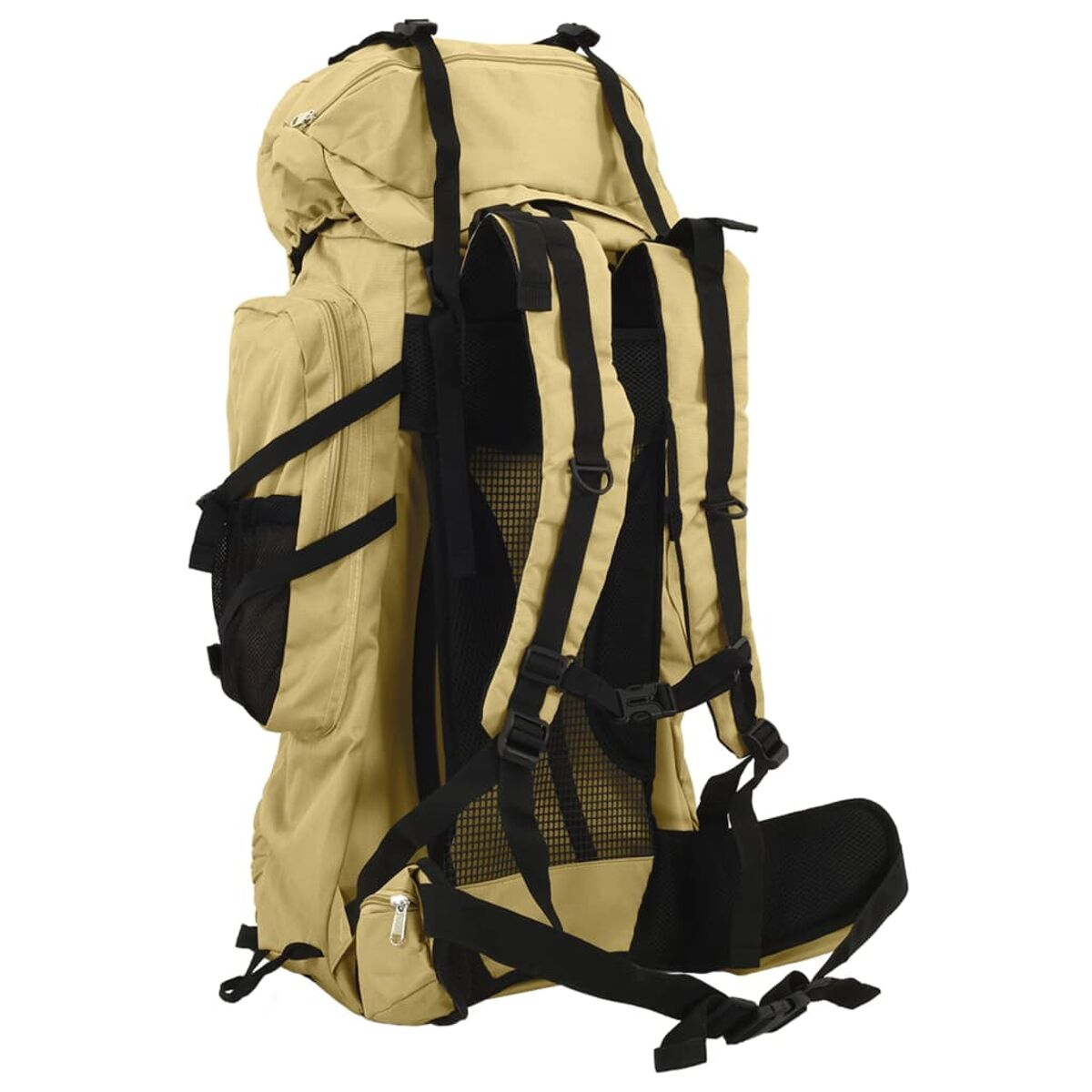 Ein beiger Rucksack mit schwarzen Gurten und Netztaschen, isoliert auf weißem Hintergrund.