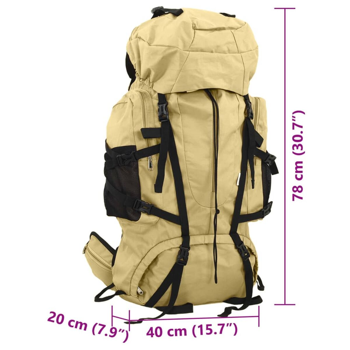 Ein beiger Rucksack mit schwarzen Gurten und Taschen, 78 cm hoch.