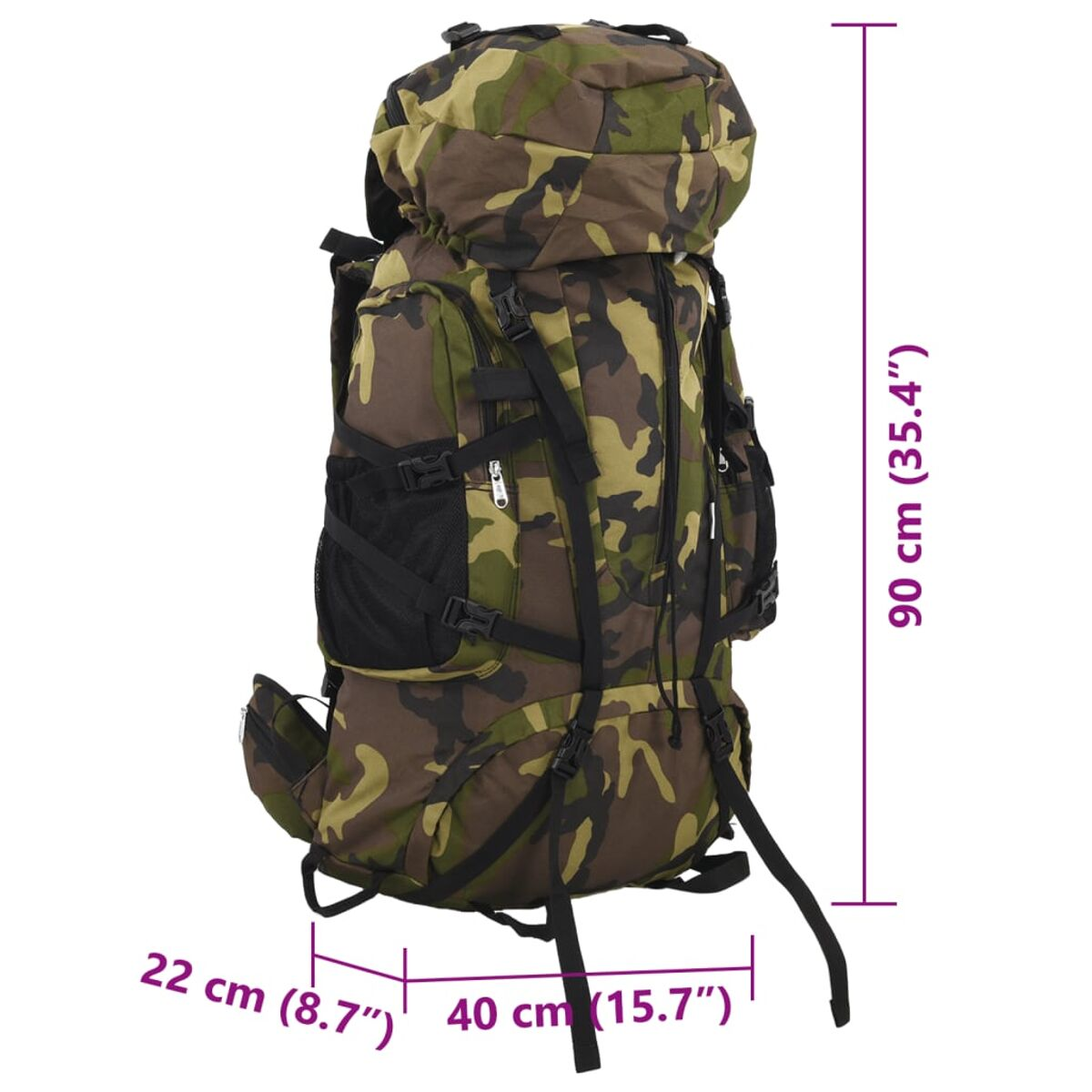 Ein Tarnrucksack mit Maßen von 90 cm H, 40 cm B und 22 cm T.
