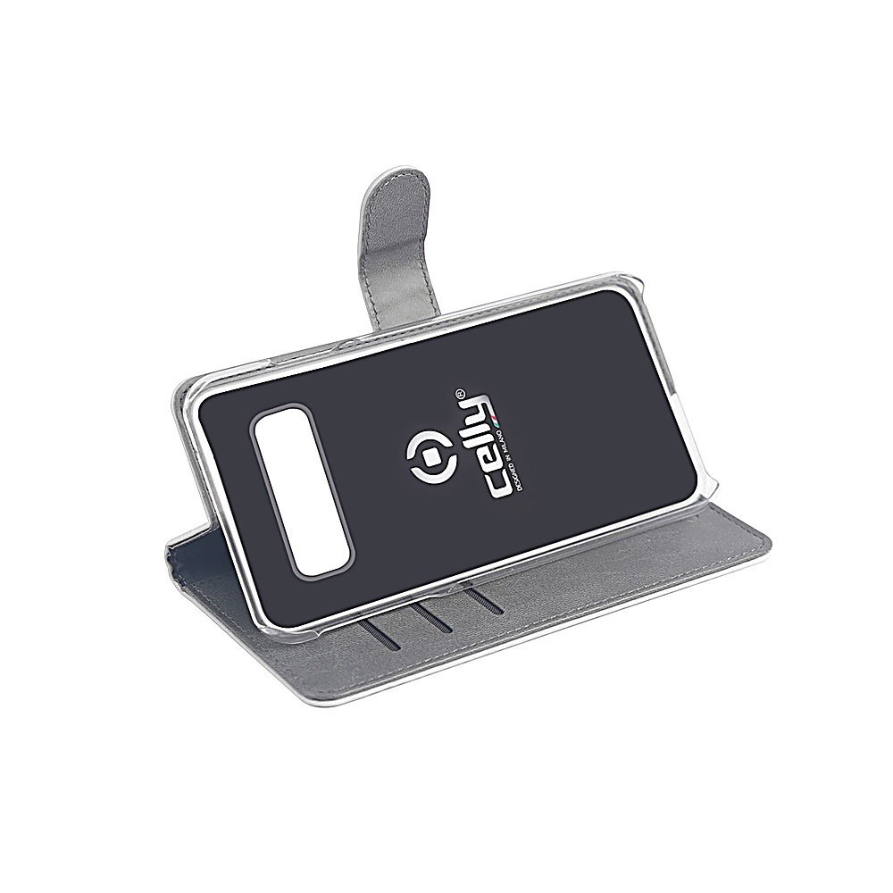 Graue Kunstleder-Handyhülle mit Klappe und Telefonhalterung, Logo auf dem Bildschirm.