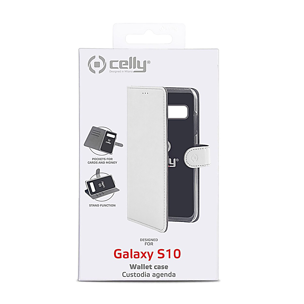 Weiße Celly Wallet Hülle für Galaxy S10 mit Kartenschlitzen & Standfunktion.