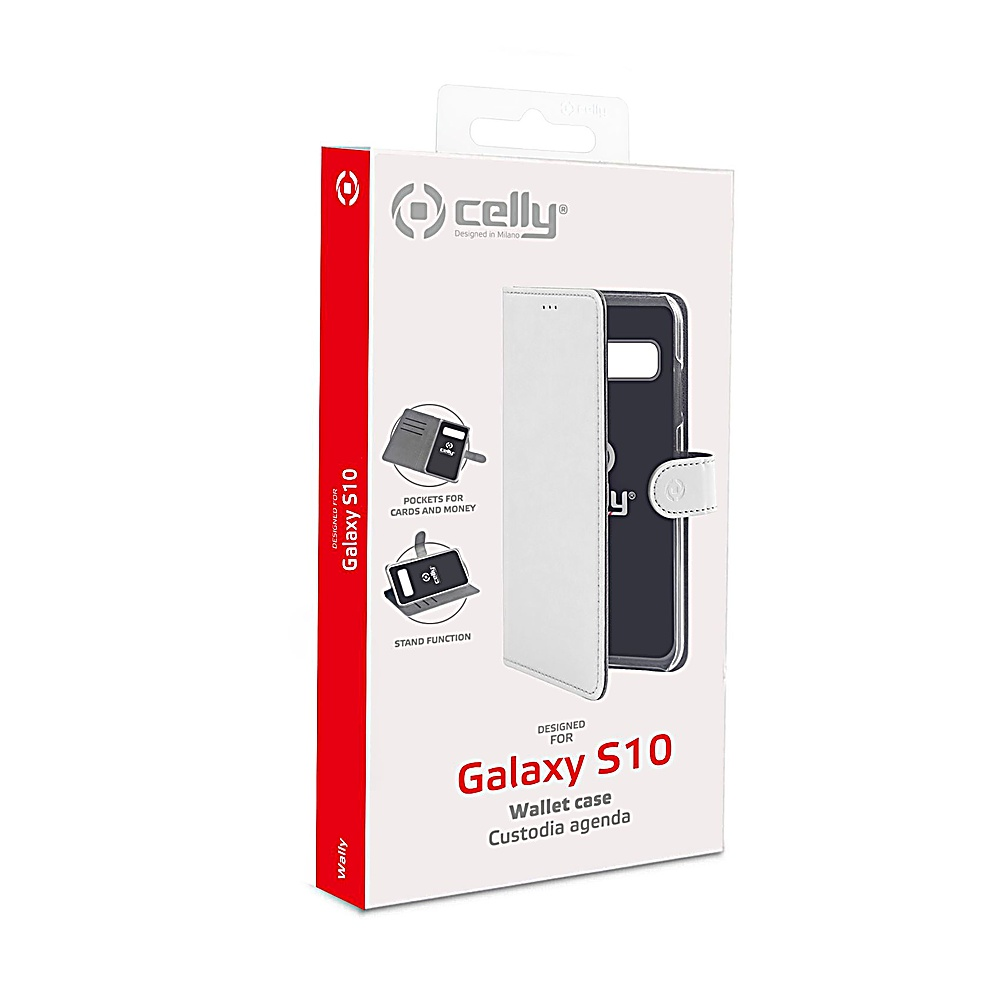 Verpackung einer weißen Celly Brieftaschenhülle für Galaxy S10 mit Produktabbildungen.