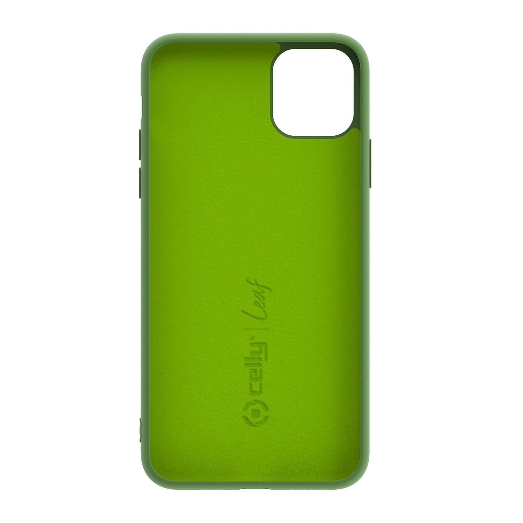 Grüne Handyhülle mit Celly Leaf Logo, auf weißem Hintergrund.