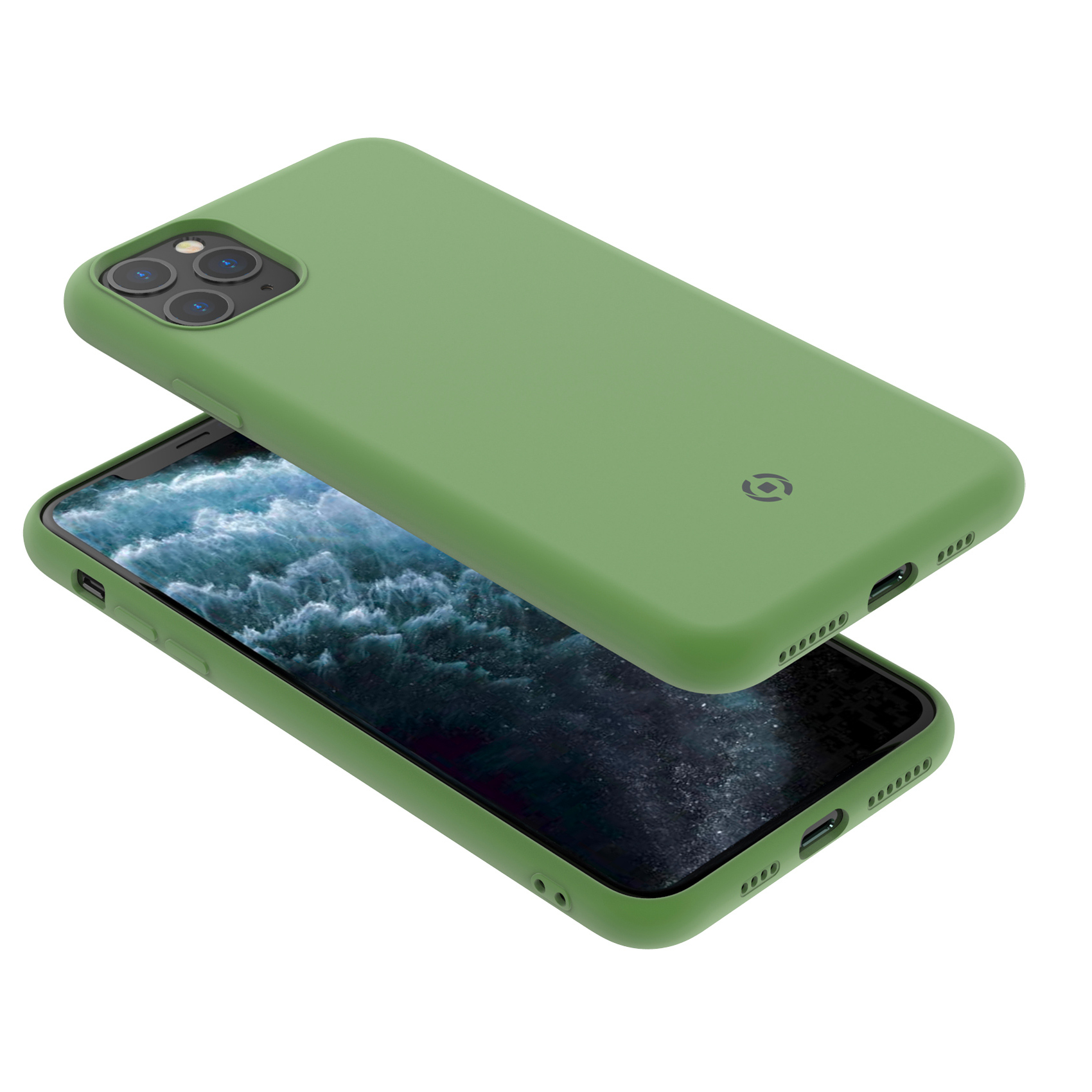 Grüne Handyhülle über einem Smartphone mit Wolkenhintergrund.