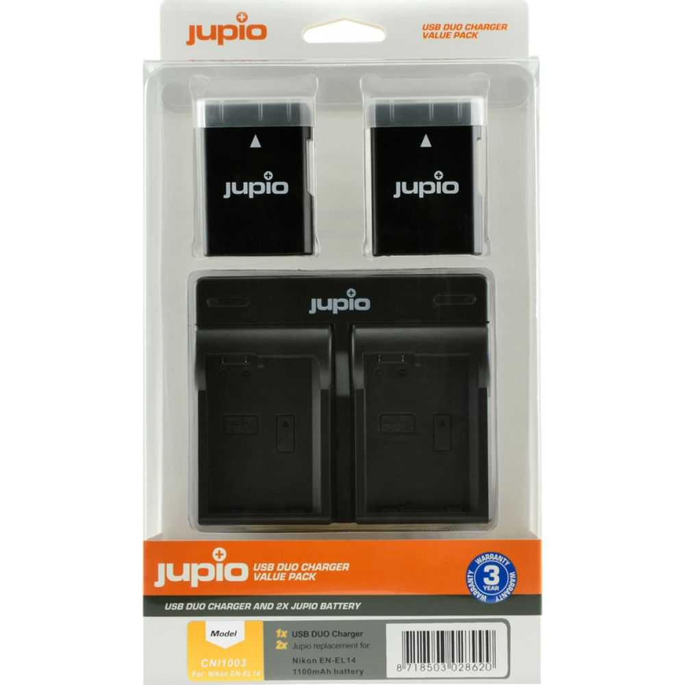 Verpackung mit Jupio USB-Ladegerät und zwei Akkus für Nikon EN-EL14.