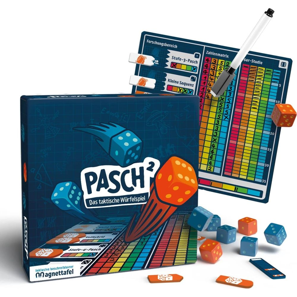 Brettspiel "PASCH²" mit Würfeln, Spielbrett und Magnettafel.