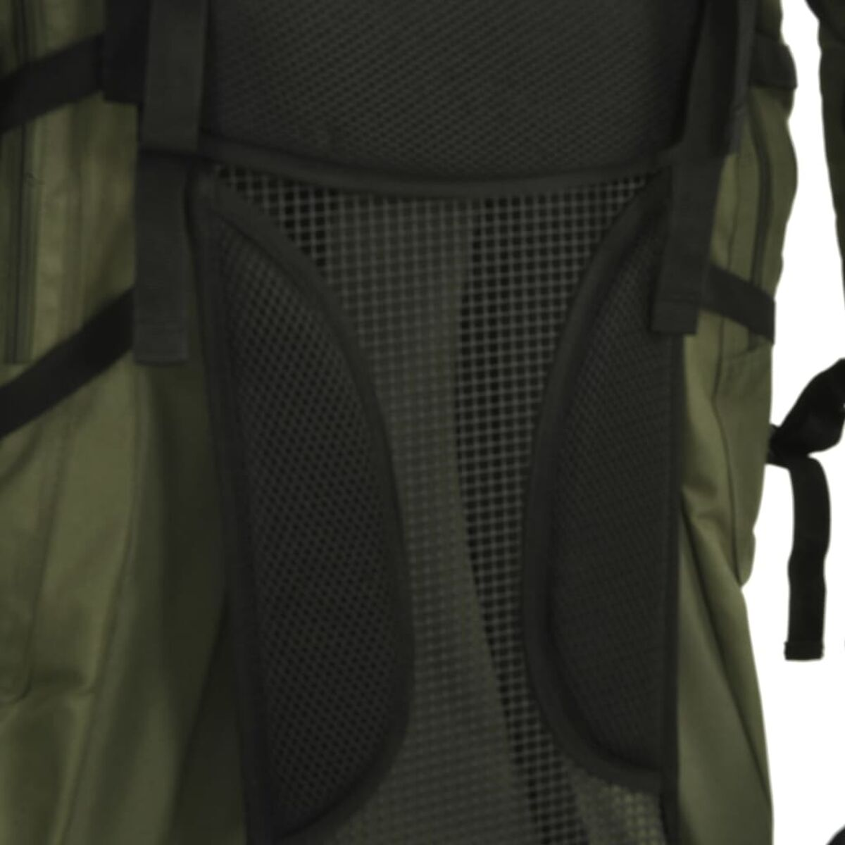 Nahaufnahme eines olivgrünen Rucksacks mit schwarzem Netzrücken und Gurten.