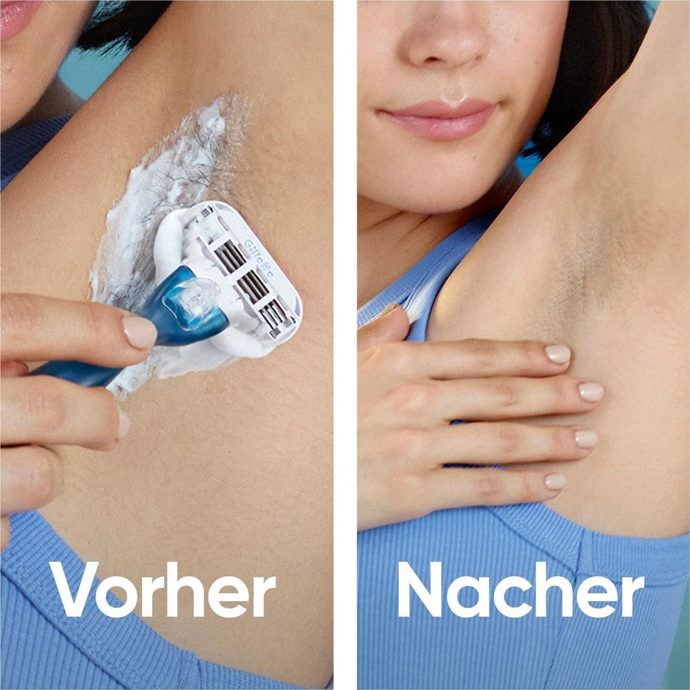 Vorher: Rasierschaum auf Achselhaar. Nachher: Glatte Achseln.